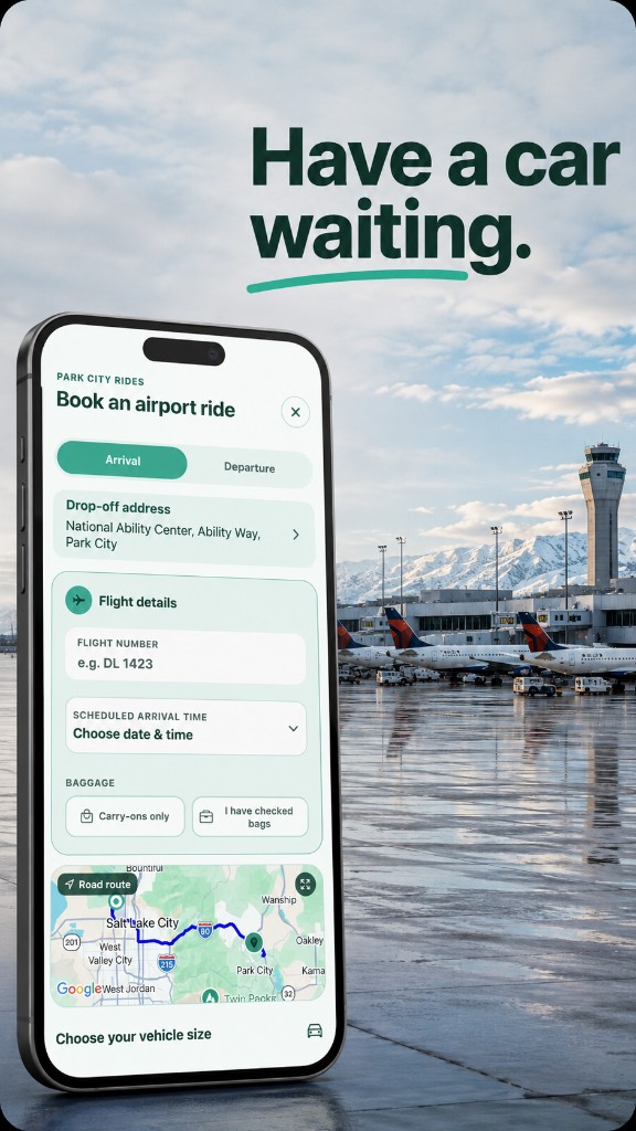 Booking an airport arrival in Moose, including drop-off, flight details, and a Park City route.